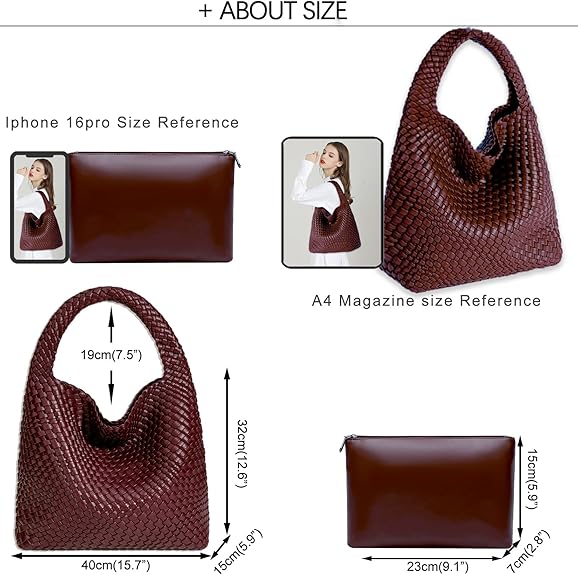 Women Vegan Leather Hand-Woven Tote Handbag Fashion Shoulder Top-handle Bag All-Match Underarm Bag with Purse