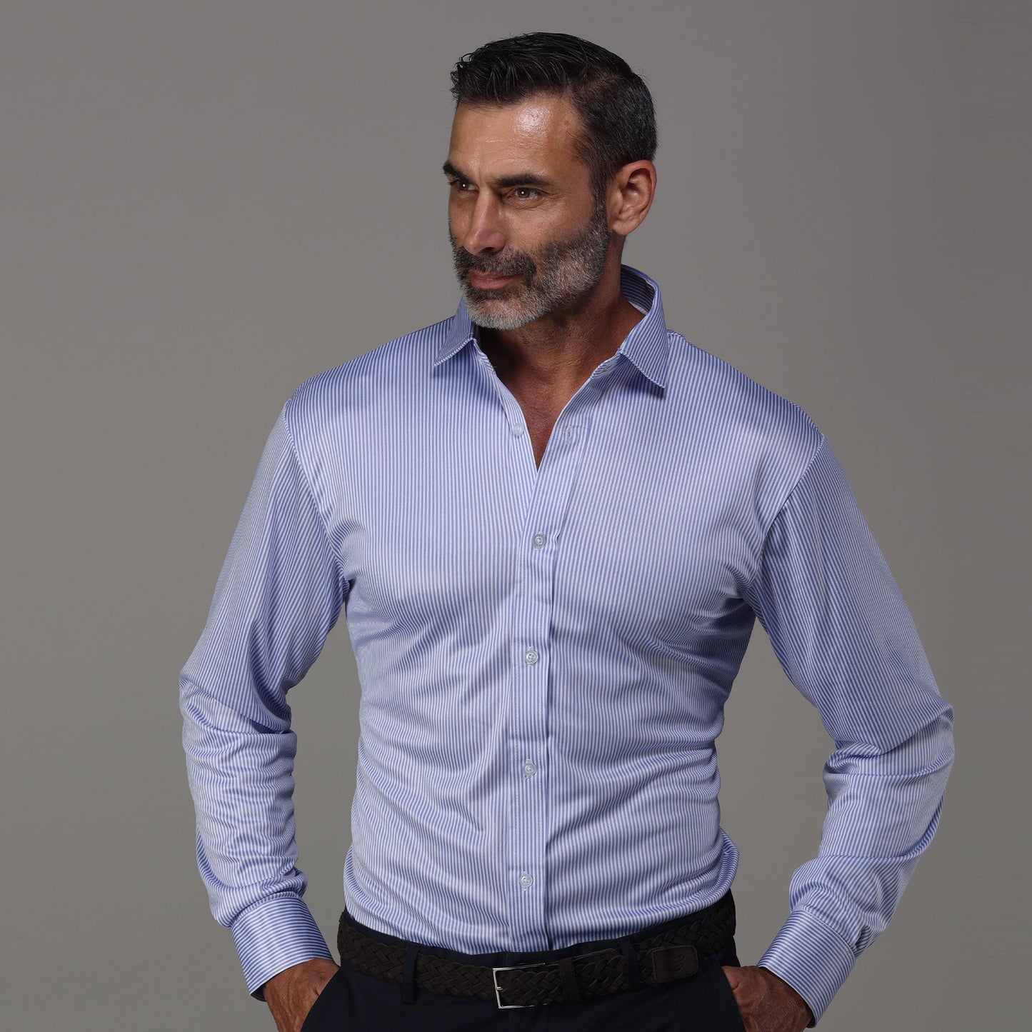 Quattro Flex Dress Shirt with Semi-Spread Collar Regent Blue Stripe