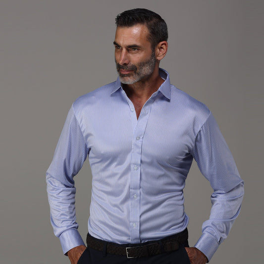 Quattro Flex Dress Shirt with Semi-Spread Collar Regent Blue Stripe